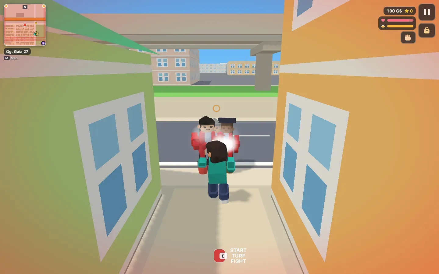 Gaia City: a gang member and the button to start a turf fight